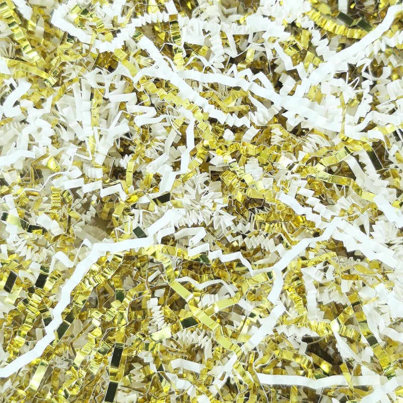 Amsthow Crinkle Cut Paper Gift Wrap Box Filler 1/2 LB Gold and White Shred Basket Raffia Grass Stuffing for Easter Decoration Birthday Wedding (Gold and White) - Image 1